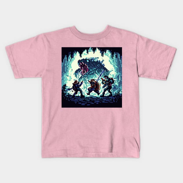 A group of adventurers fighting a monster in a cave pixel art Kids T-Shirt by maricetak